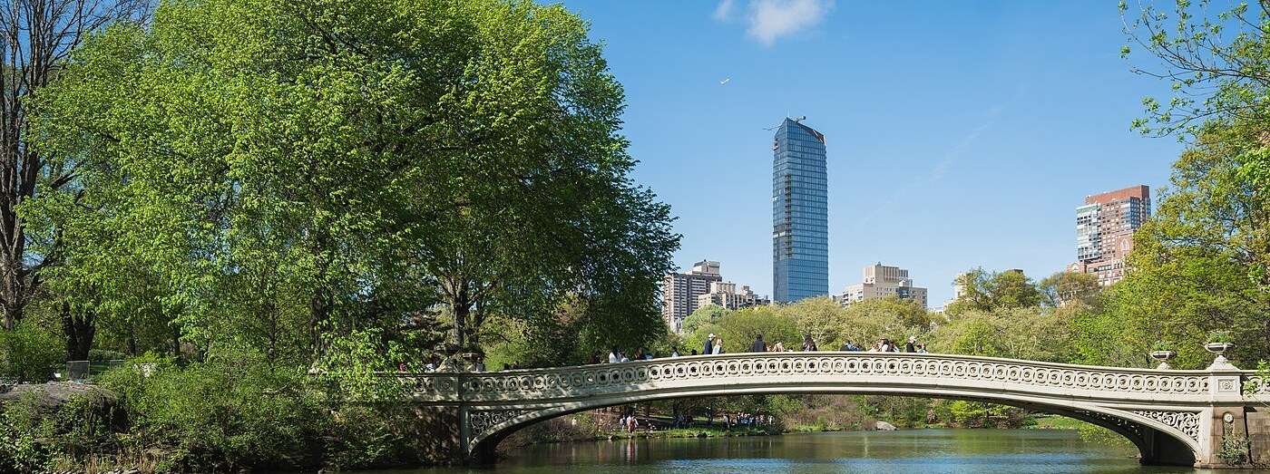 Bow Bridge over the Lake in Central Park, with the Manhattan skyline beyond